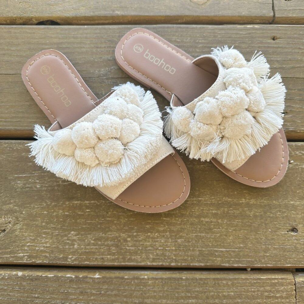 Boohoo White Pom Pom and Tassel Frill Slides